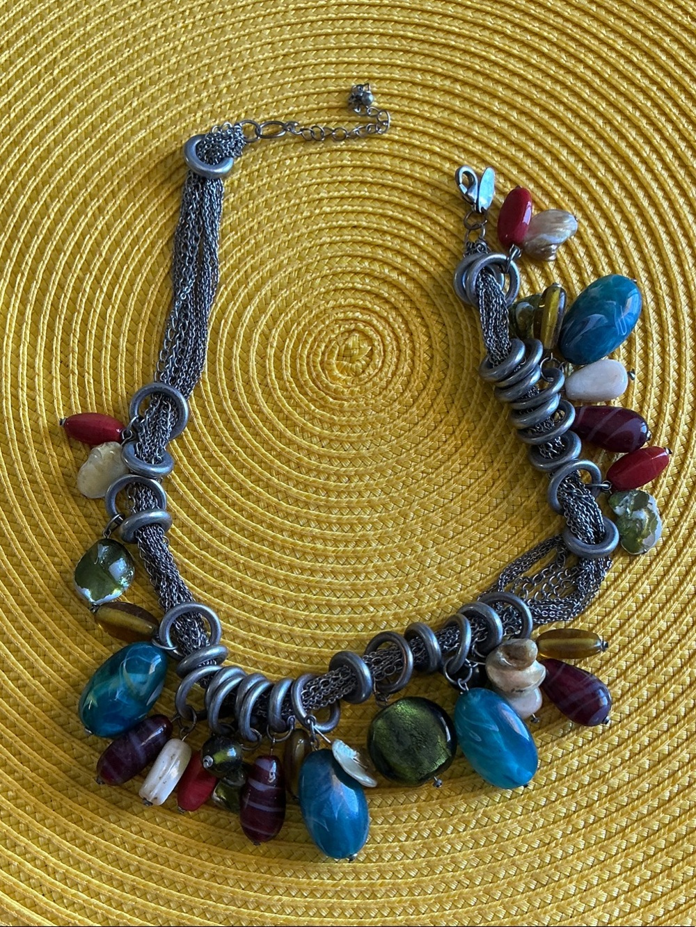 Multi-Bead Statement Necklace in Teal, Red, Olive & Cream